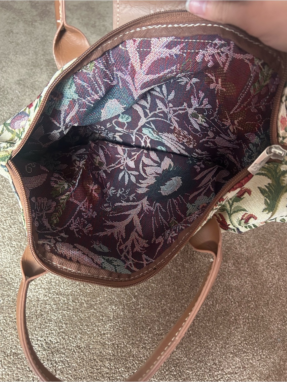 Floral Tapestry Tote with Brown Leather Handles - Picture 2 of 4